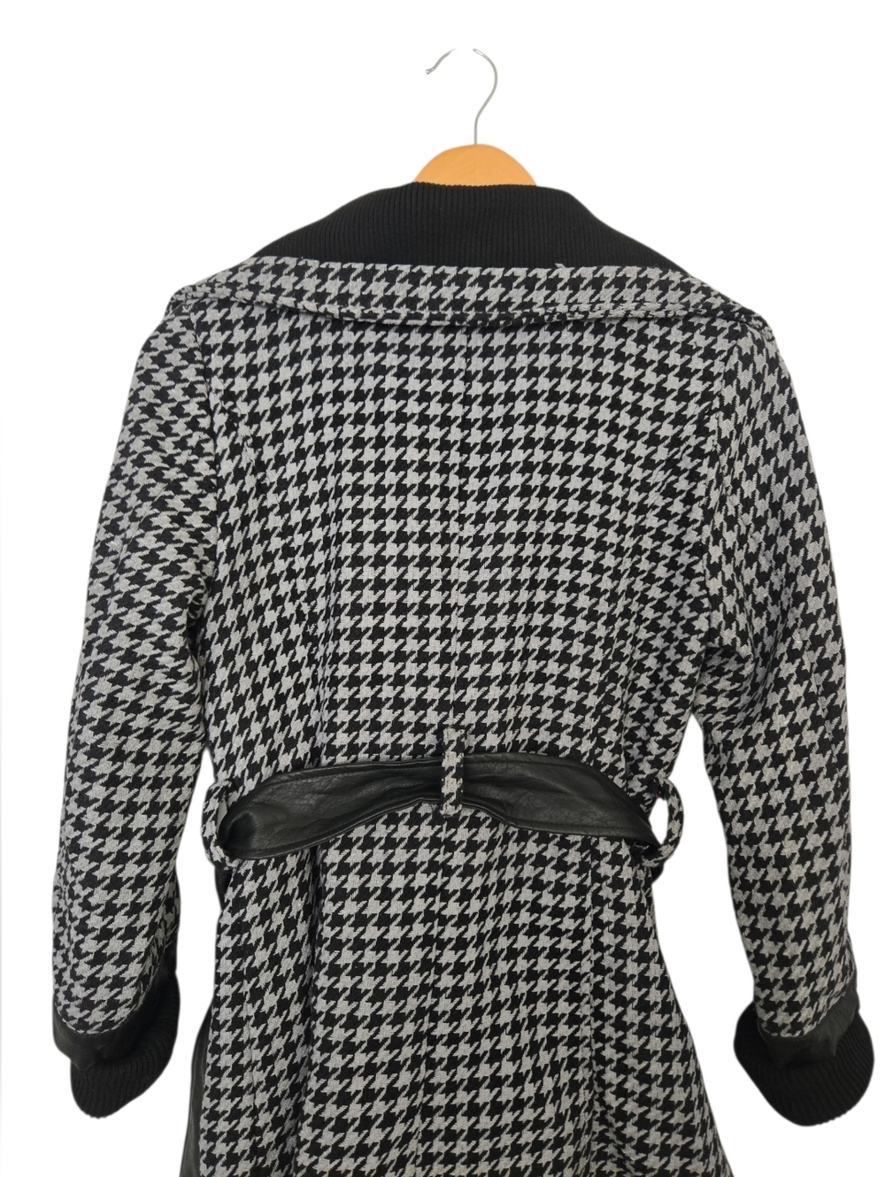 Y2K YOKI Houndstooth Belted Coat Black White Faux Leather Trim Medium - Picture 7 of 10